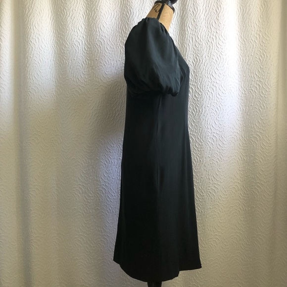 Vintage Black Square Sweatheart Neckline Puff Sleeve 100% Midi Silk Dress - Picture 4 of 16